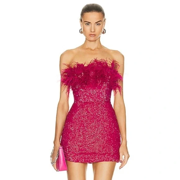NWT Retroféte Torin Sequin Bandeau Ostrich-trim Mini Dress In Pink. Size Large